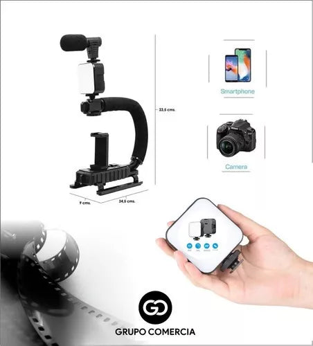 KIT ESTABILIZADOR DE VIDEO CON LUZ LED Y MICRÓFONO – ¡Captura Momentos Perfectos!